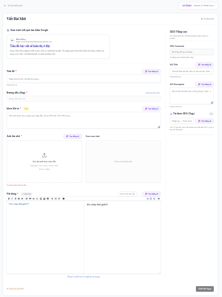 Bloai article publishing editor with SEO fields and AI actions