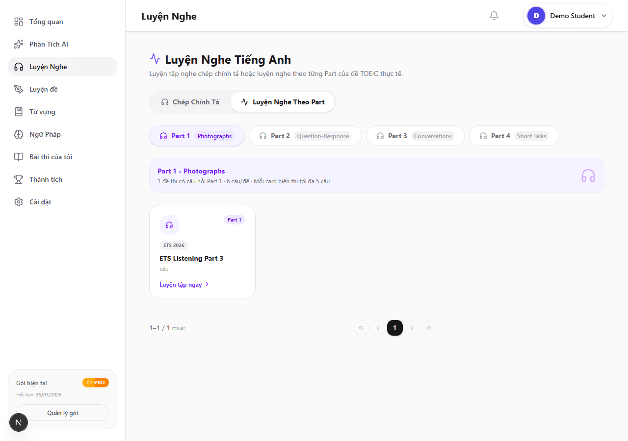 TOEIC Captoc listening parts dashboard screenshot