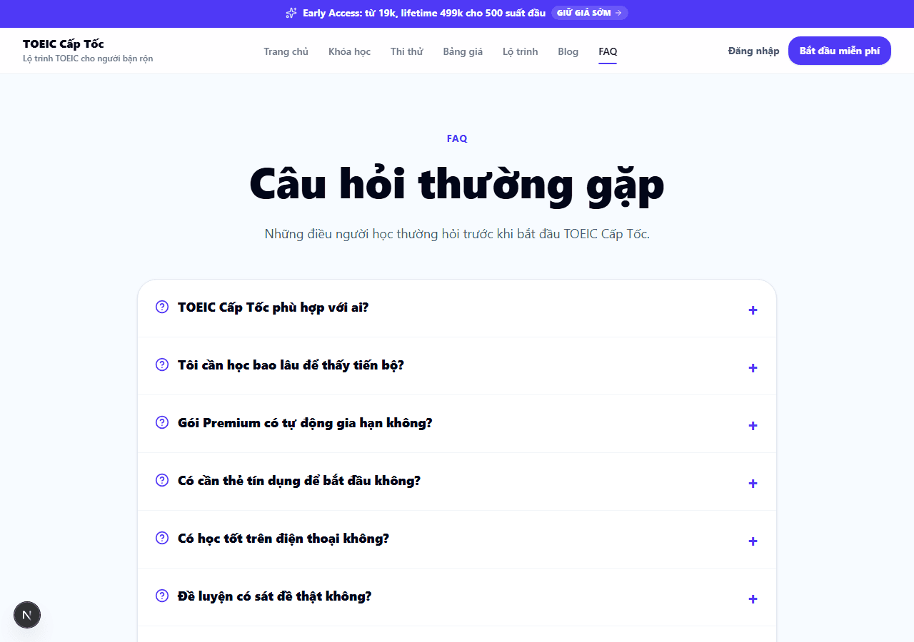 TOEIC Captoc FAQ page screenshot