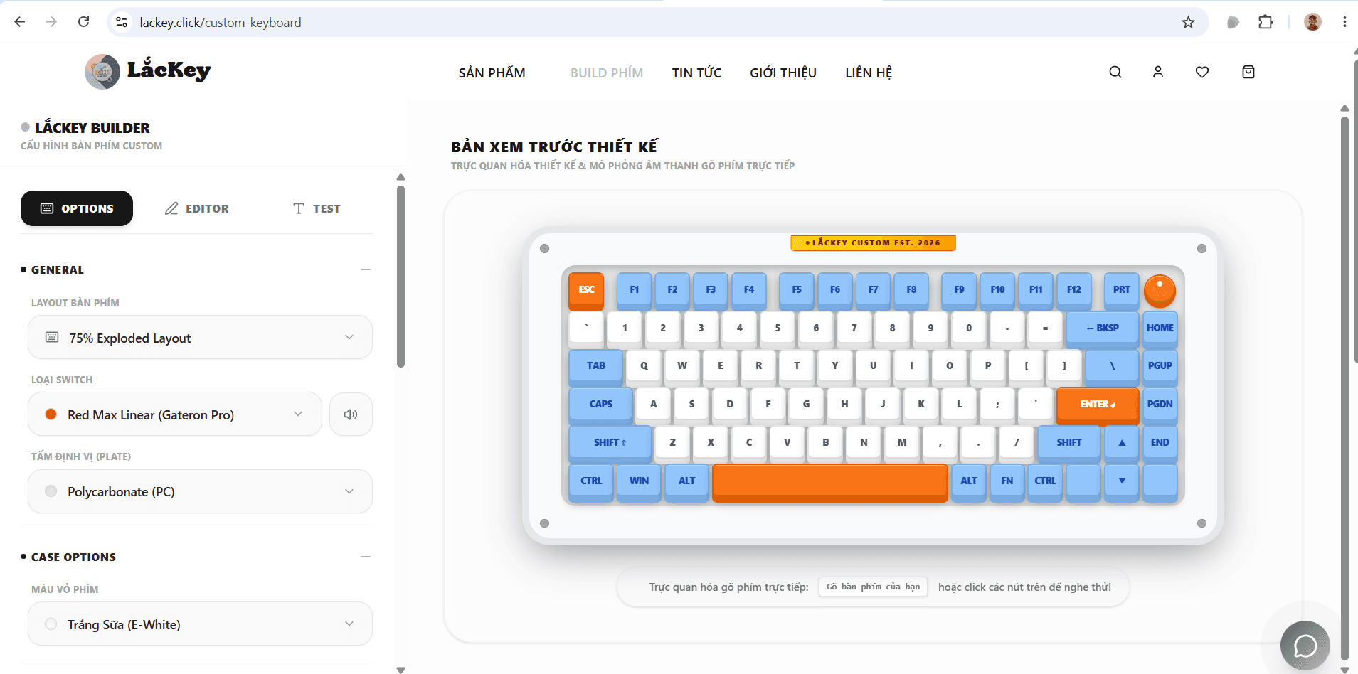 Lackey keyboard configurator options screen