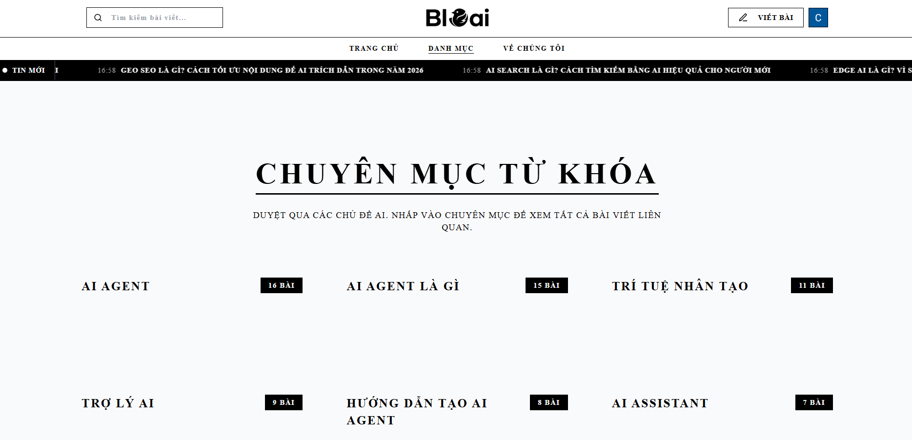 Bloai topic category page with AI keyword clusters