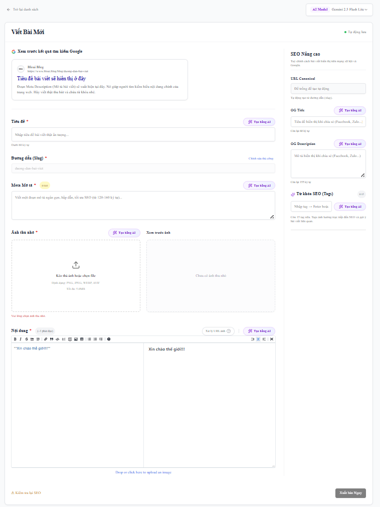 Bloai article publishing editor with SEO fields and AI actions