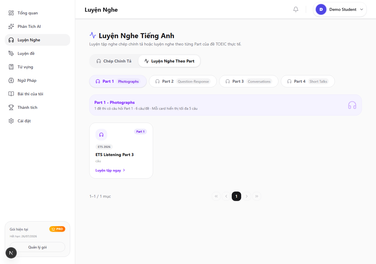 TOEIC Captoc listening parts dashboard screenshot