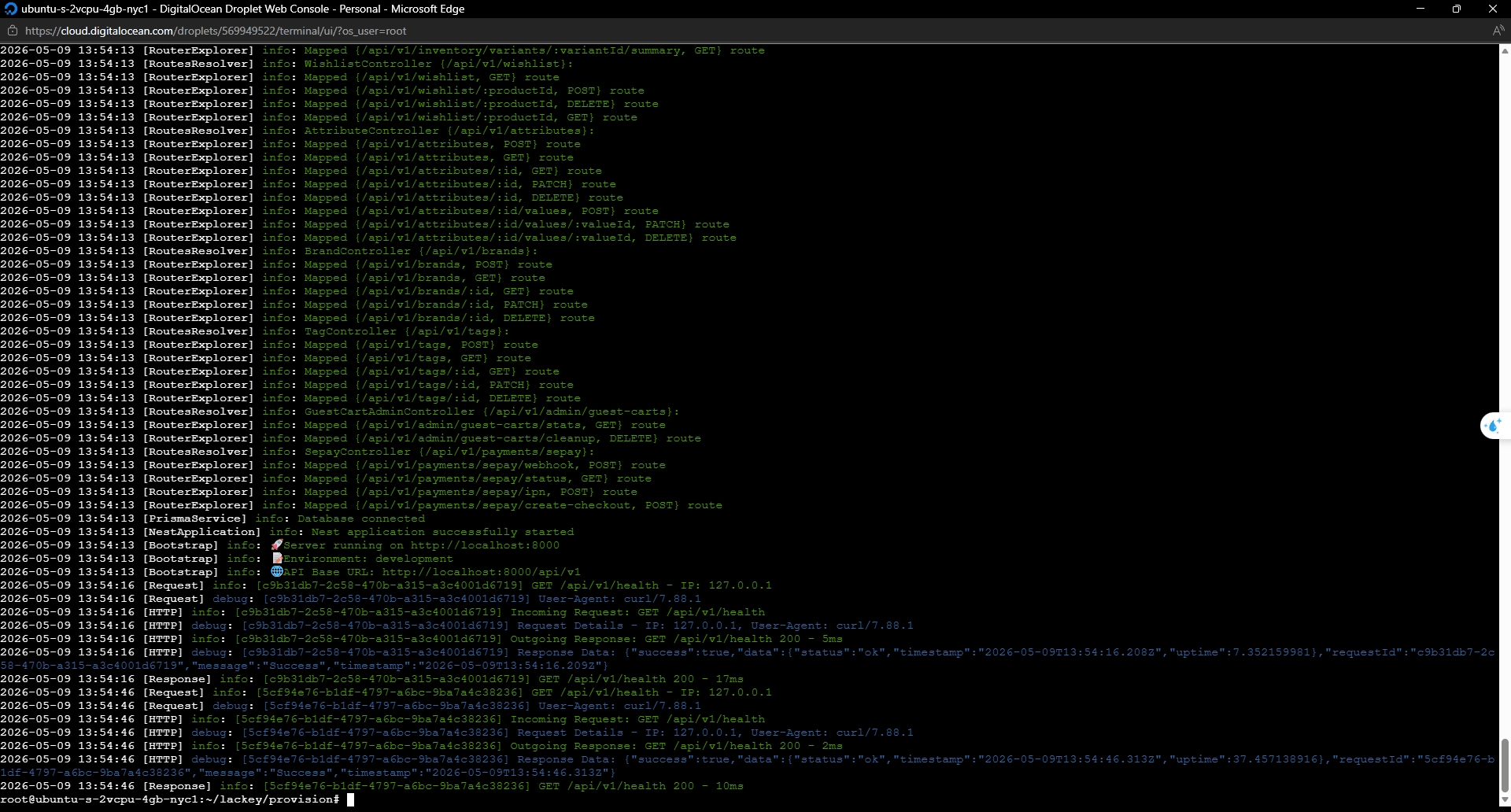 Lackey backend terminal running NestJS services