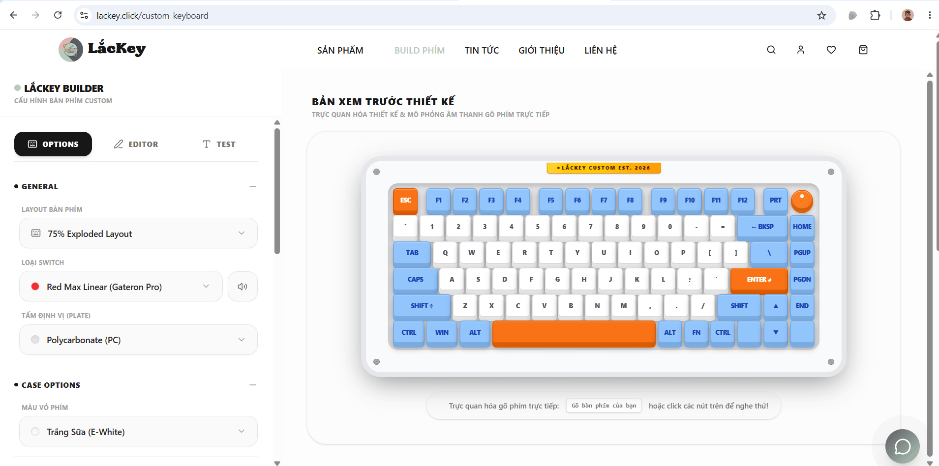 Lackey keyboard configurator options screen